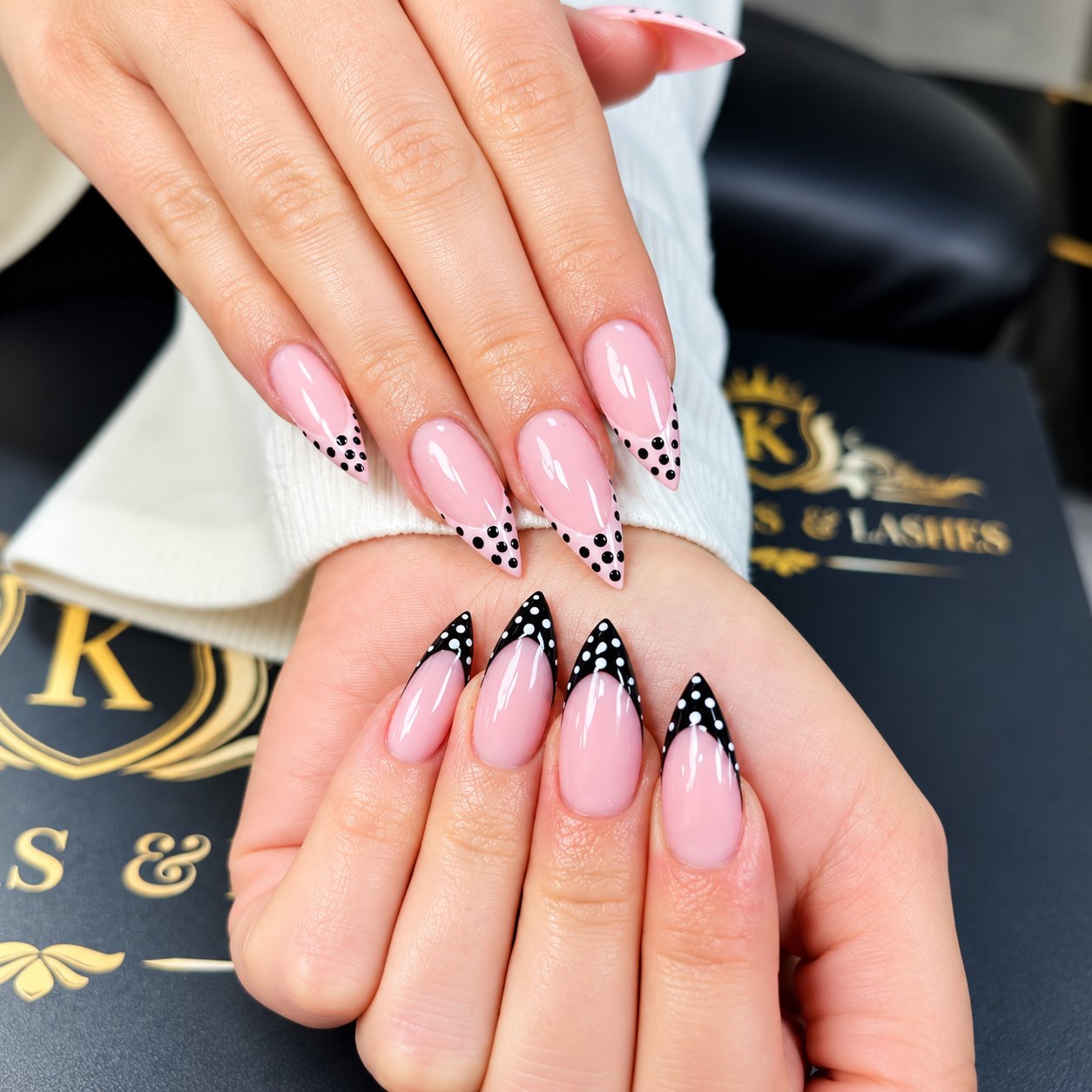 Pink almond nails with polka-dot French