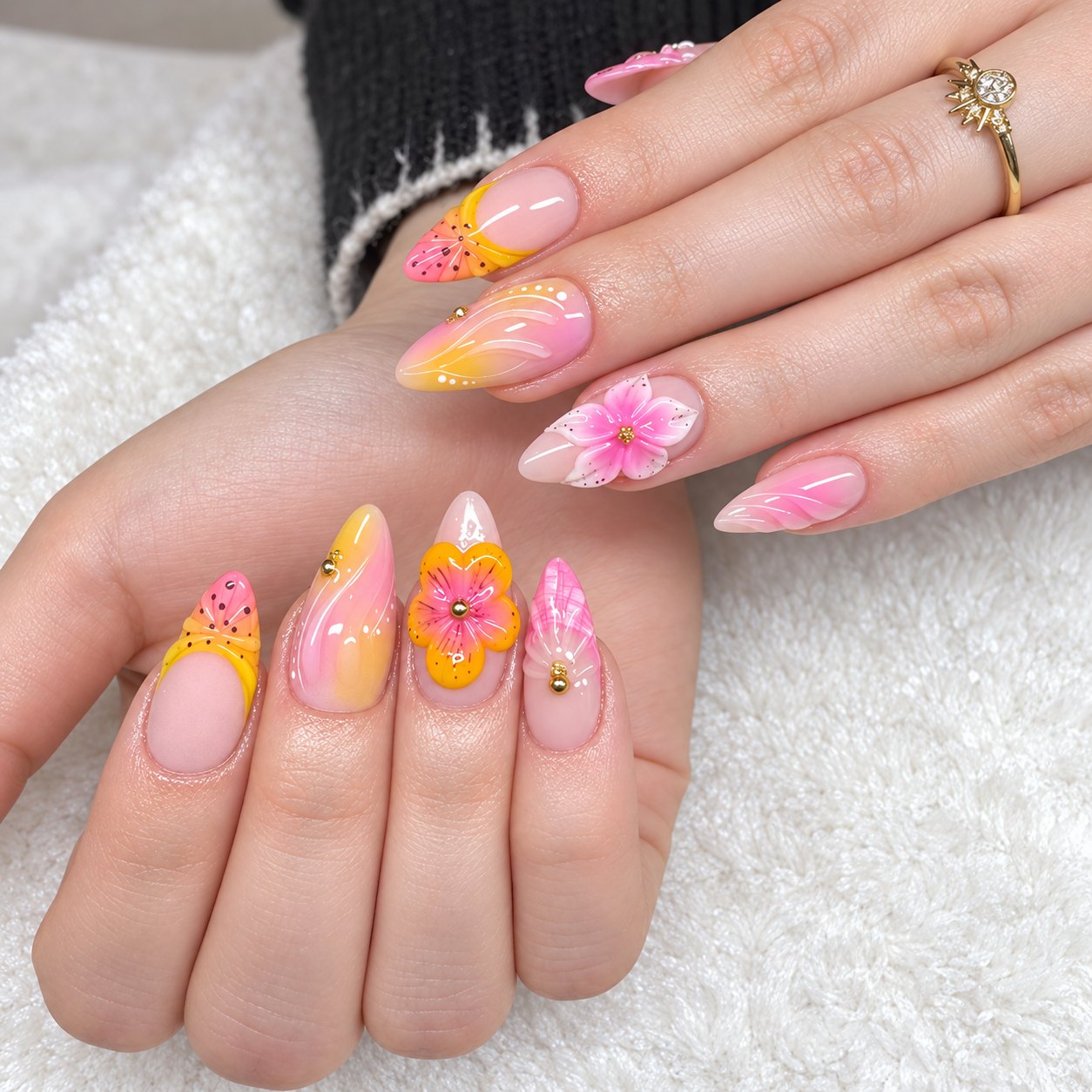 Almond nails with hibiscus flowers