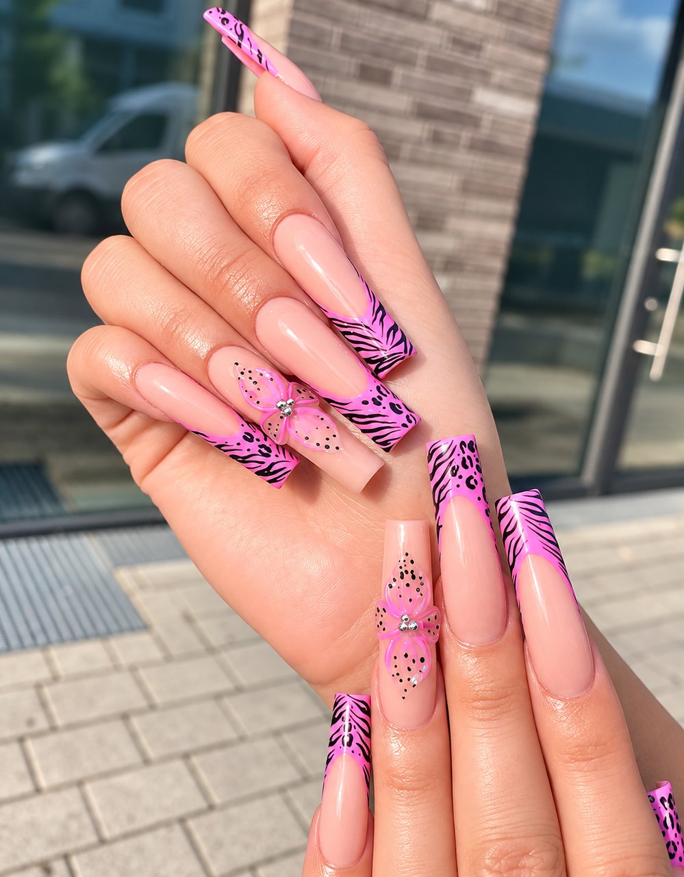 Pink zebra French on long nails