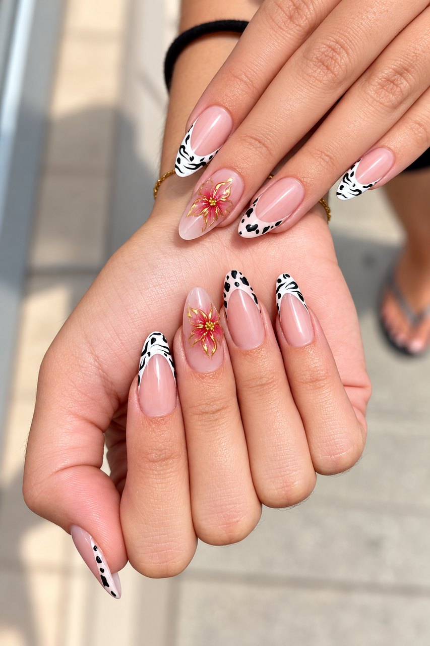 Almond nails with cow print & red flower