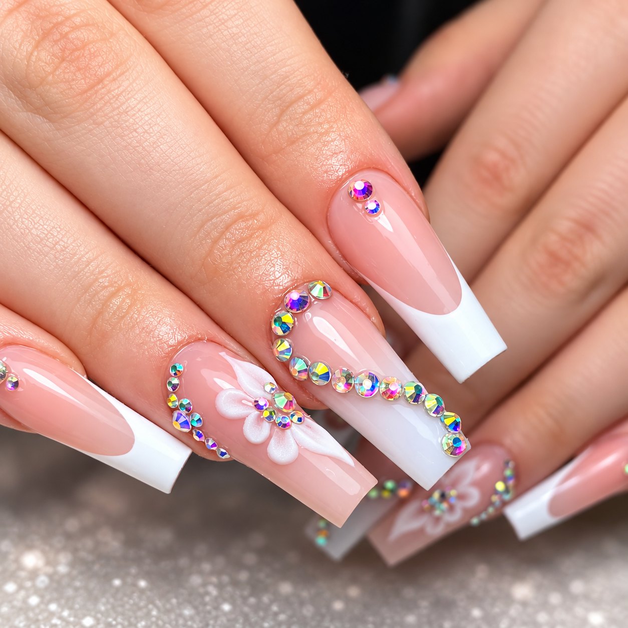 Square French with rhinestone hearts & flower