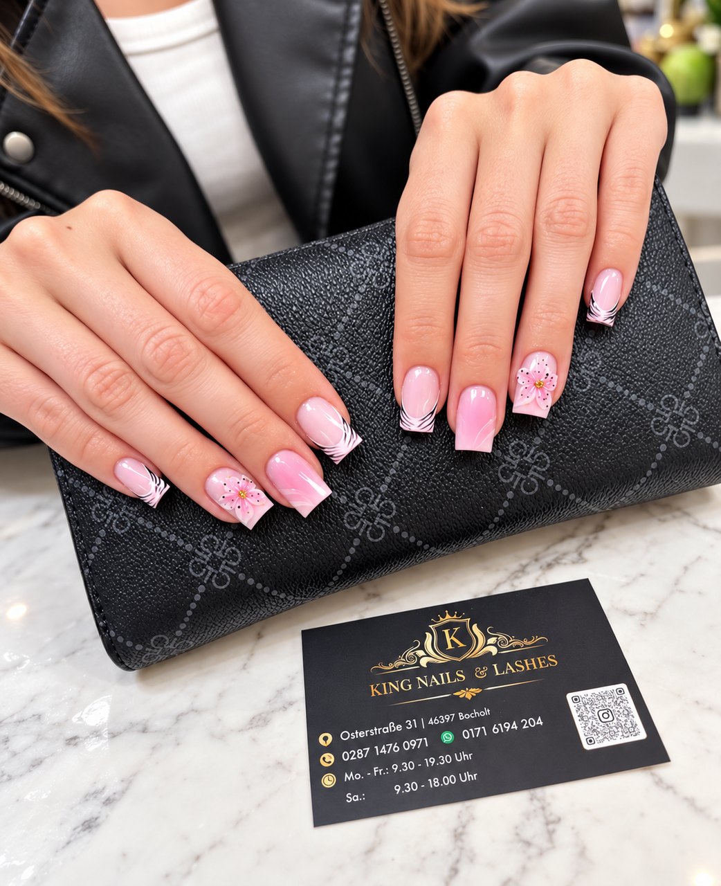 Pink square French with little hearts