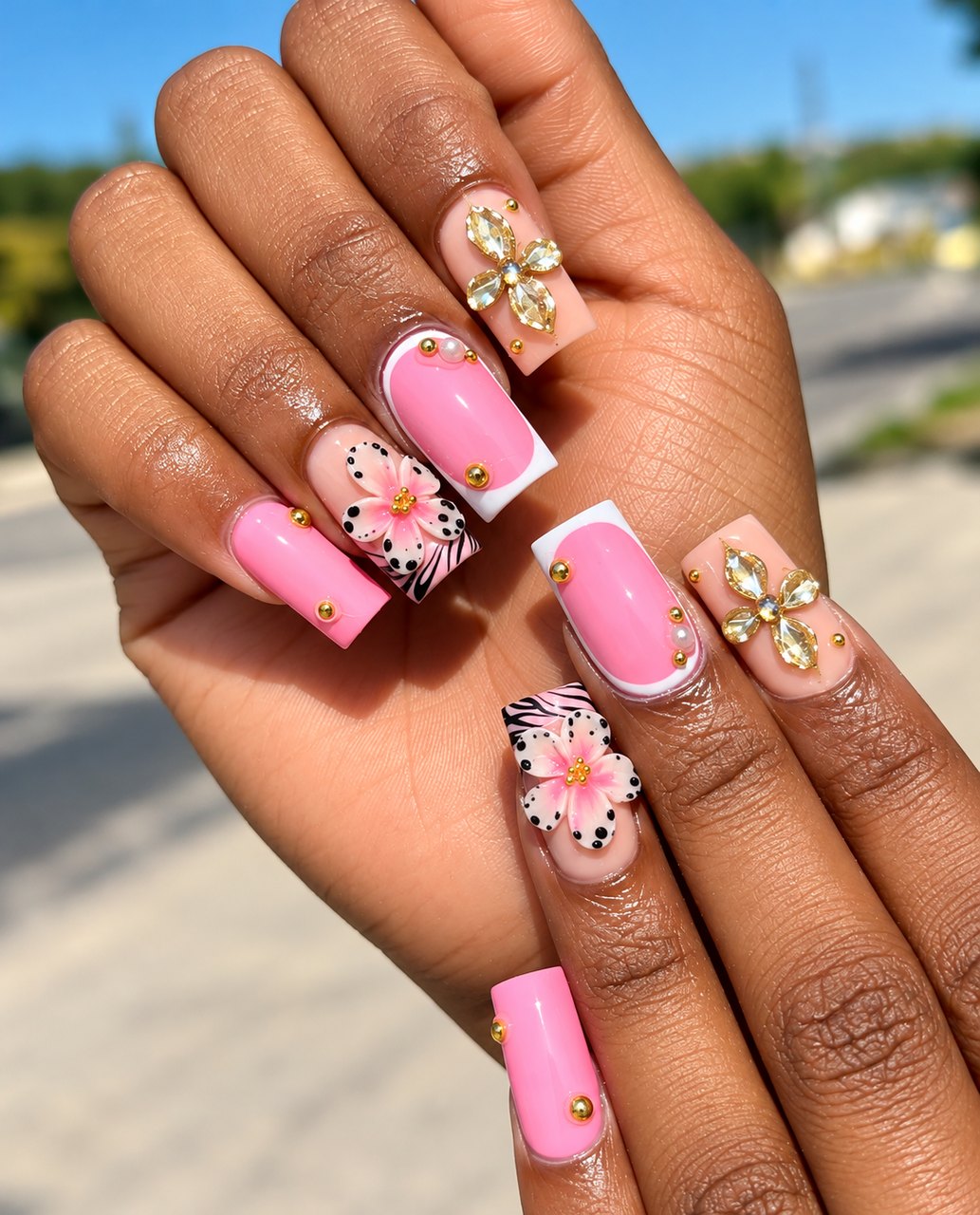 Pink square nails with 3D flowers